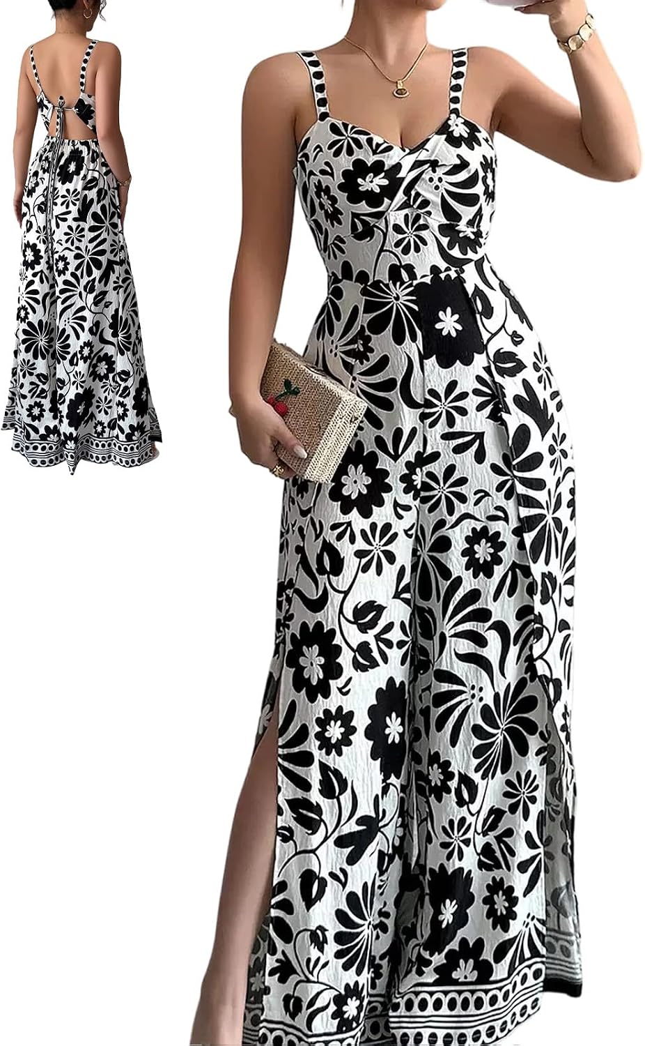 Women's Floral Wide Leg Jumpsuit Sleeveless Backless Side Slit Romper | Women's Floral Wide Leg Jumpsuit, Sleeveless Backless Slub-Textured Romper with Side Slits for Summer Beach Vacation