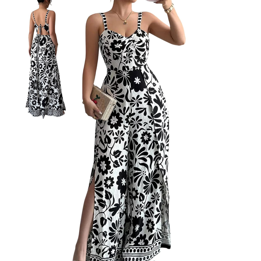 Women's Floral Wide Leg Jumpsuit Sleeveless Backless Side Slit Romper | Women's Floral Wide Leg Jumpsuit, Sleeveless Backless Slub-Textured Romper with Side Slits for Summer Beach Vacation