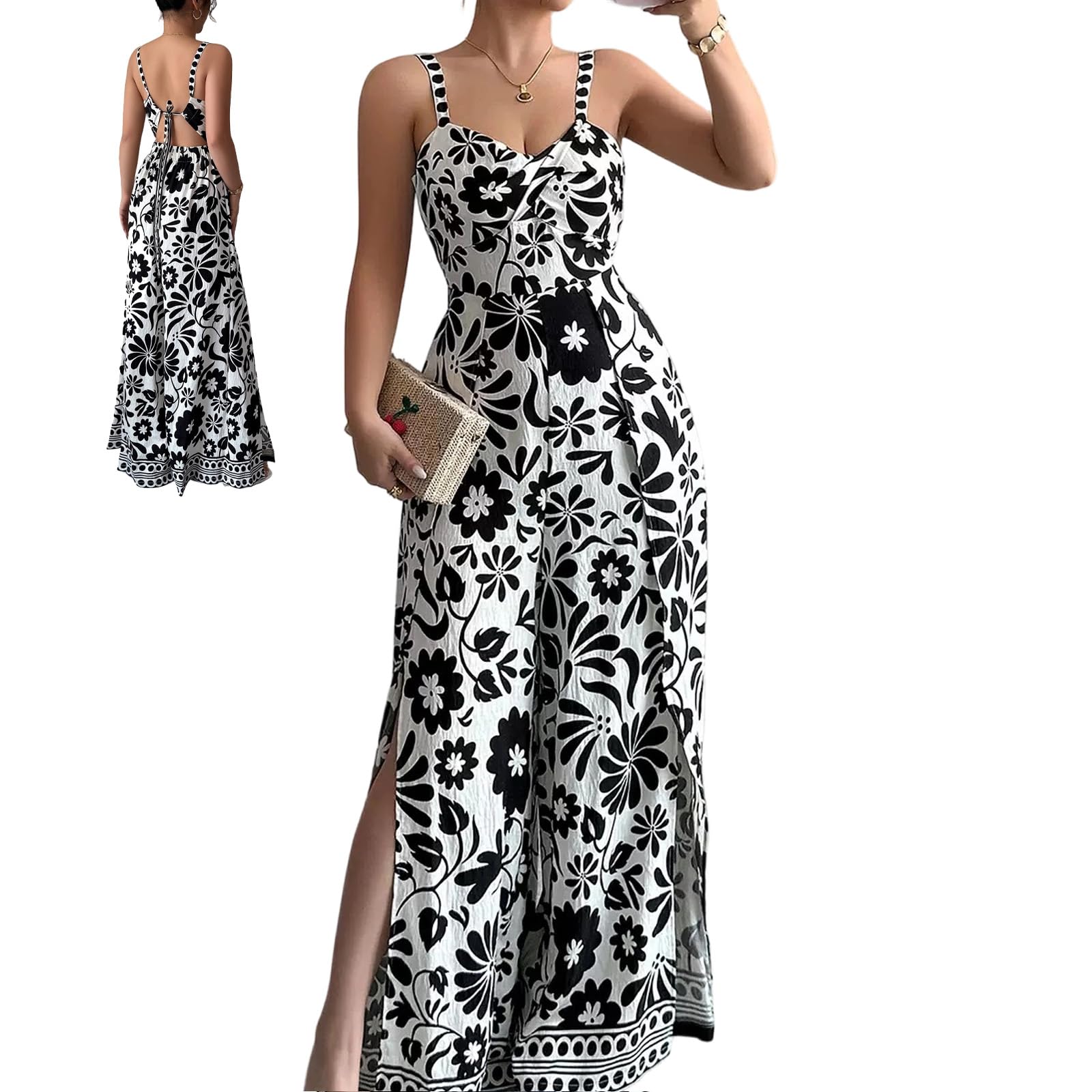 Women's Floral Wide Leg Jumpsuit Sleeveless Backless Side Slit Romper | Women's Floral Wide Leg Jumpsuit, Sleeveless Backless Slub-Textured Romper with Side Slits for Summer Beach Vacation