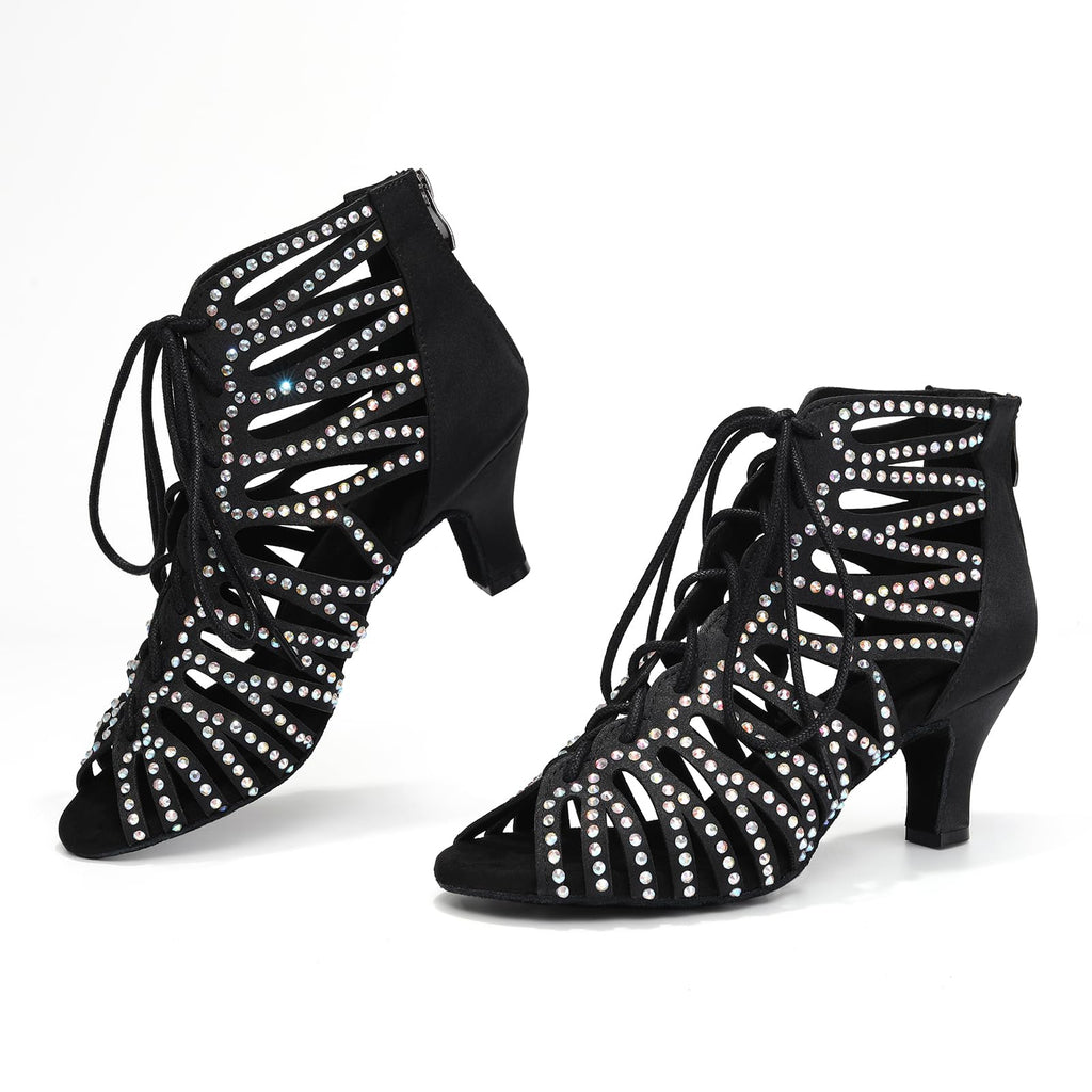 HIPPOSEUS Women's Rhinestone Latin Dance Boots | sparkly and smooth,open toe,lace-up,ankle ballroom dance shoes