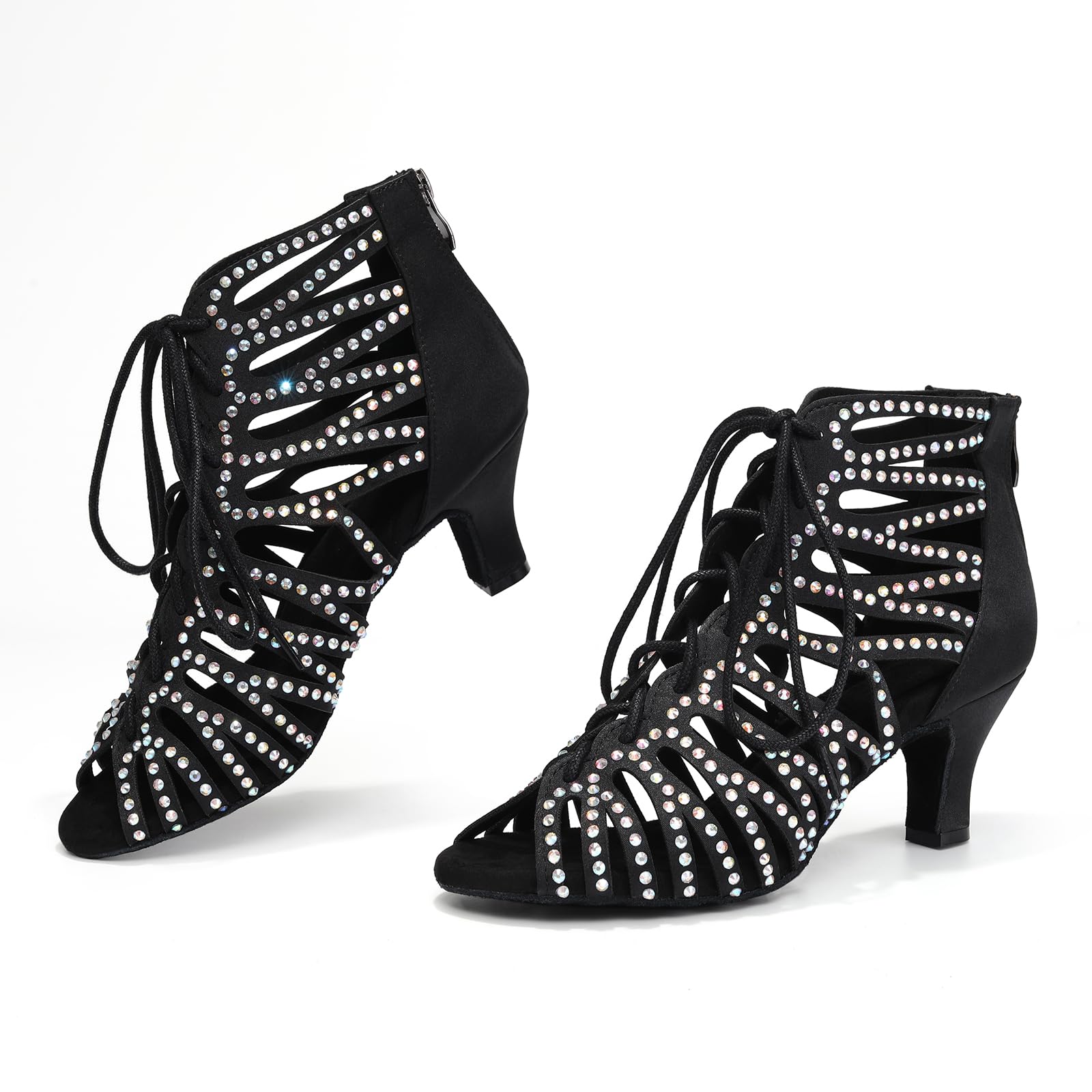 HIPPOSEUS Women's Rhinestone Latin Dance Boots | sparkly and smooth,open toe,lace-up,ankle ballroom dance shoes