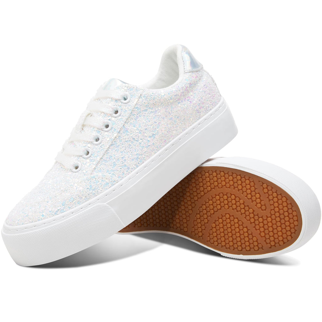 Jeekopeg Glitter Platform Sneakers Women Casual Sequin Sparkly Shoes Bling Thick Sole Walking Shoes Shiny Sequin Wedding Sneakers for Lady