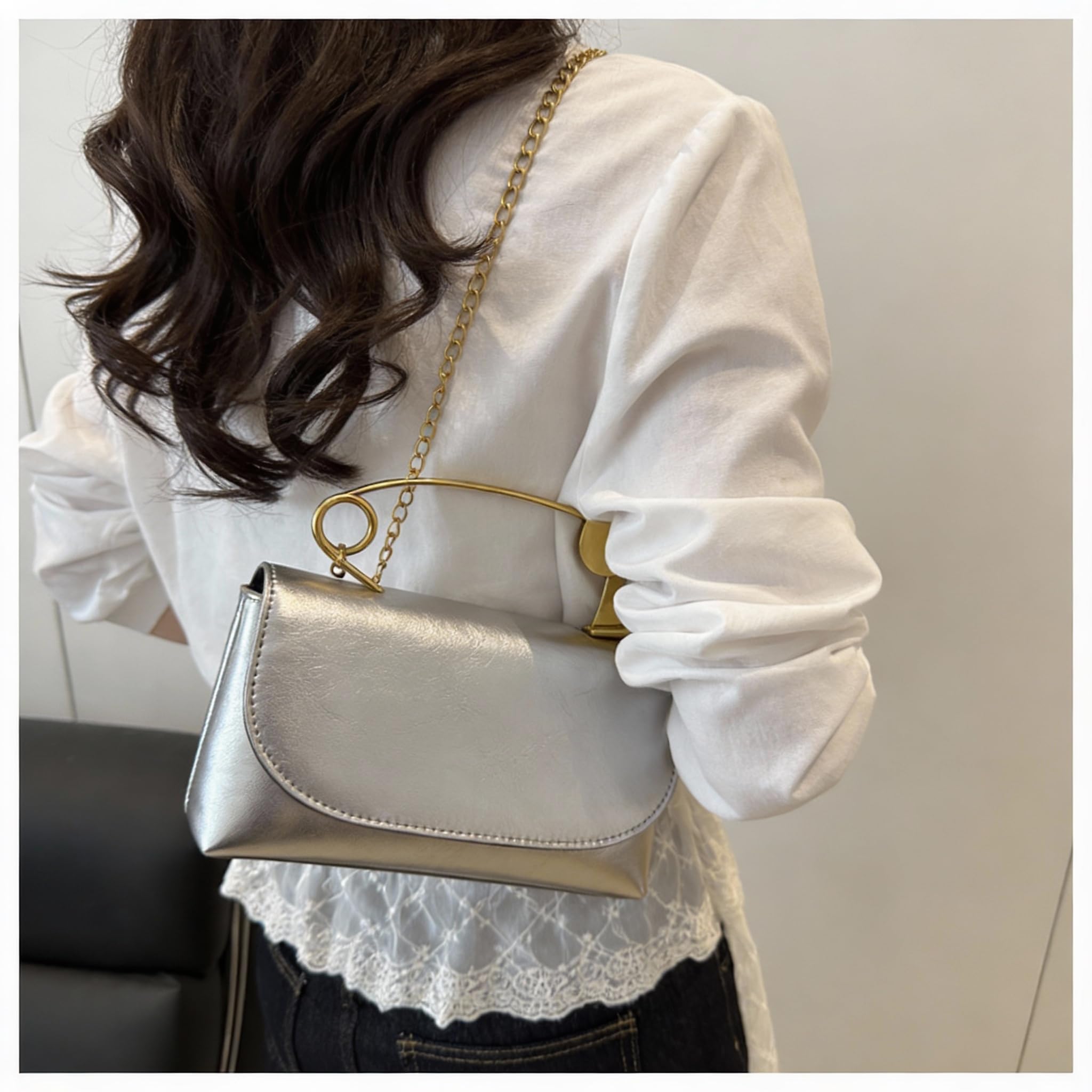 Women's Unique Safety Pin Crossbody Purse | Leather Clutch Bag Gold Handles Chain novelty clutch