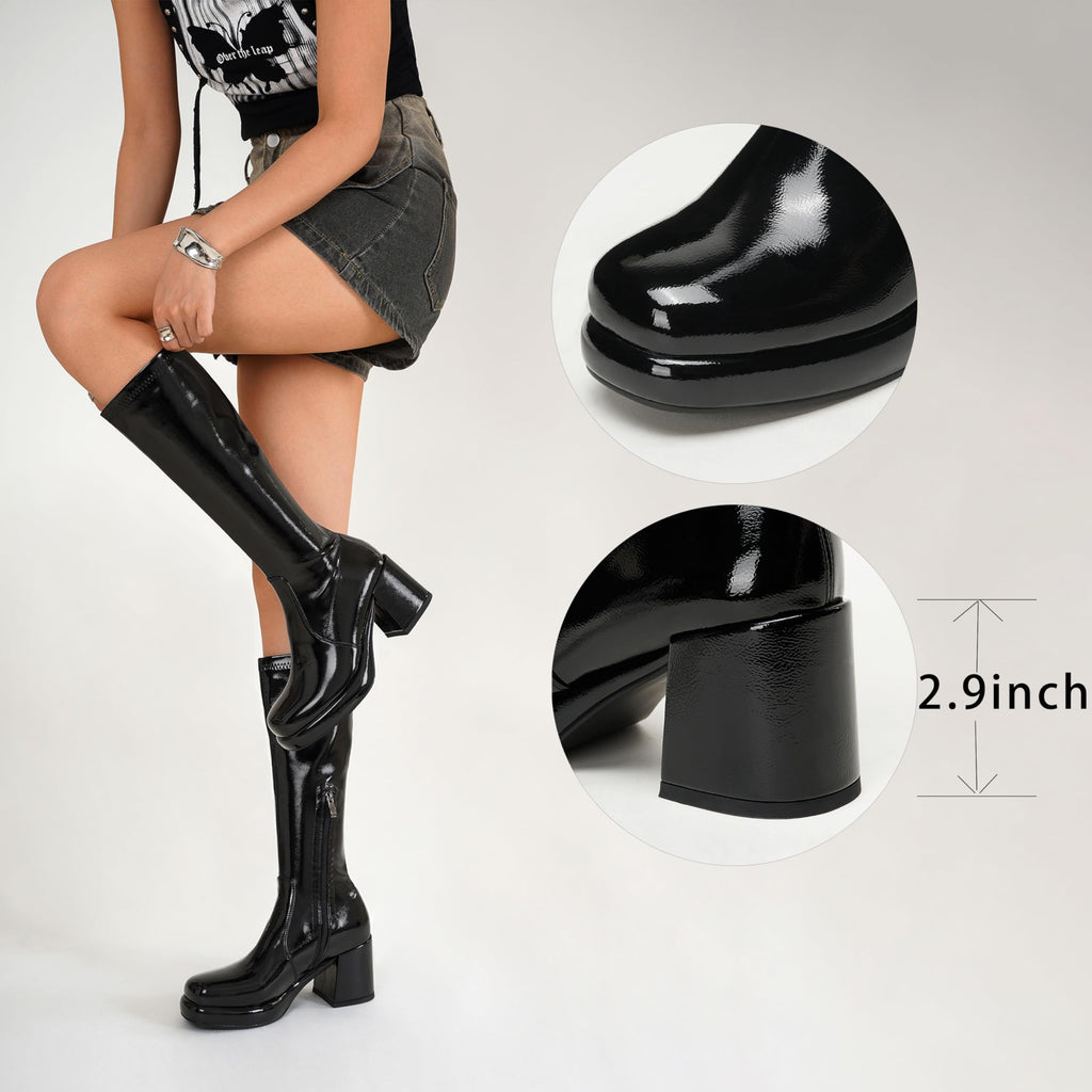 LanreyTaley Elastic Women Knee High Boots Platform Chunky Heel Tall Boots Suede Dress Boots Side Zipper Stretch Boots Fall