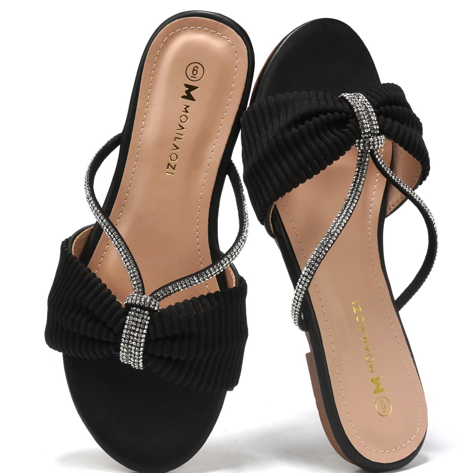 Women's Sandals Rhinestone Strappy Slides With Soft Memory Foam Insole, Dressy Open Toe Beach Slippers Flats for Summer
