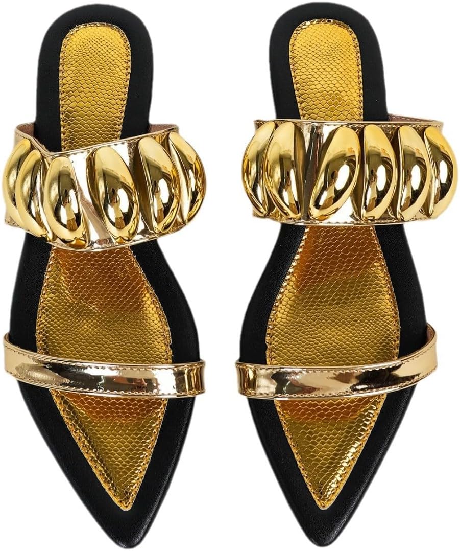 Women's Double Strap Flat Slides Sandals with metal decor Fashion Snake Print Pointed Open Toe Slip on Soft Sole Lining Sexy Prom Slippers for Y2K Summer Dressy Party
