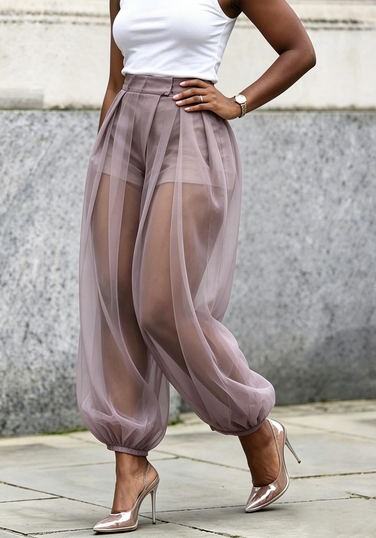 Molisry Women Sheer Mesh Pants Bubble Tulle Patchwork Pants Balloon Trouser | Loose Fit Cover Up Trousers,Built In Shorts Lining