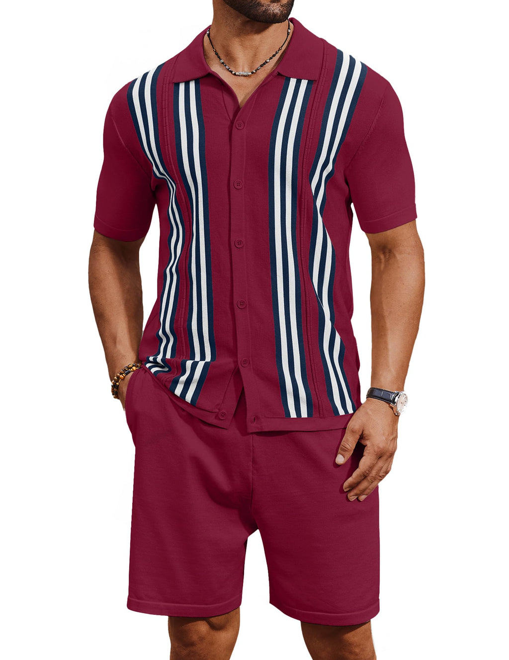 COOFANDY Men's 2 Piece Outfits Summer Short Sets Vintage Knit Button Down Shirt Short Sleeve Polo Casual Beach Suits