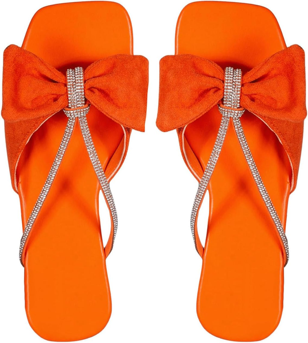 OYOANGLE Women's Rhinestone Bow Open Toe Corduroy Flat Sandals | Casual Slide, Summer, Dressy, Slip on Casual Flat Sandals, Ladies Sandals, Summer, Party, Wedding