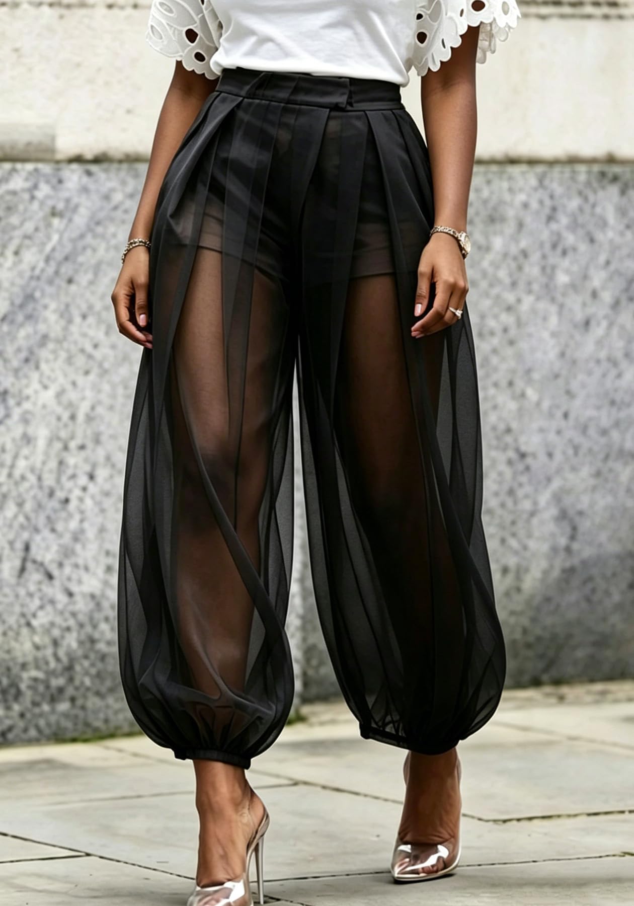 Molisry Women Sheer Mesh Pants Bubble Tulle Patchwork Pants Balloon Trouser | Loose Fit Cover Up Trousers,Built In Shorts Lining
