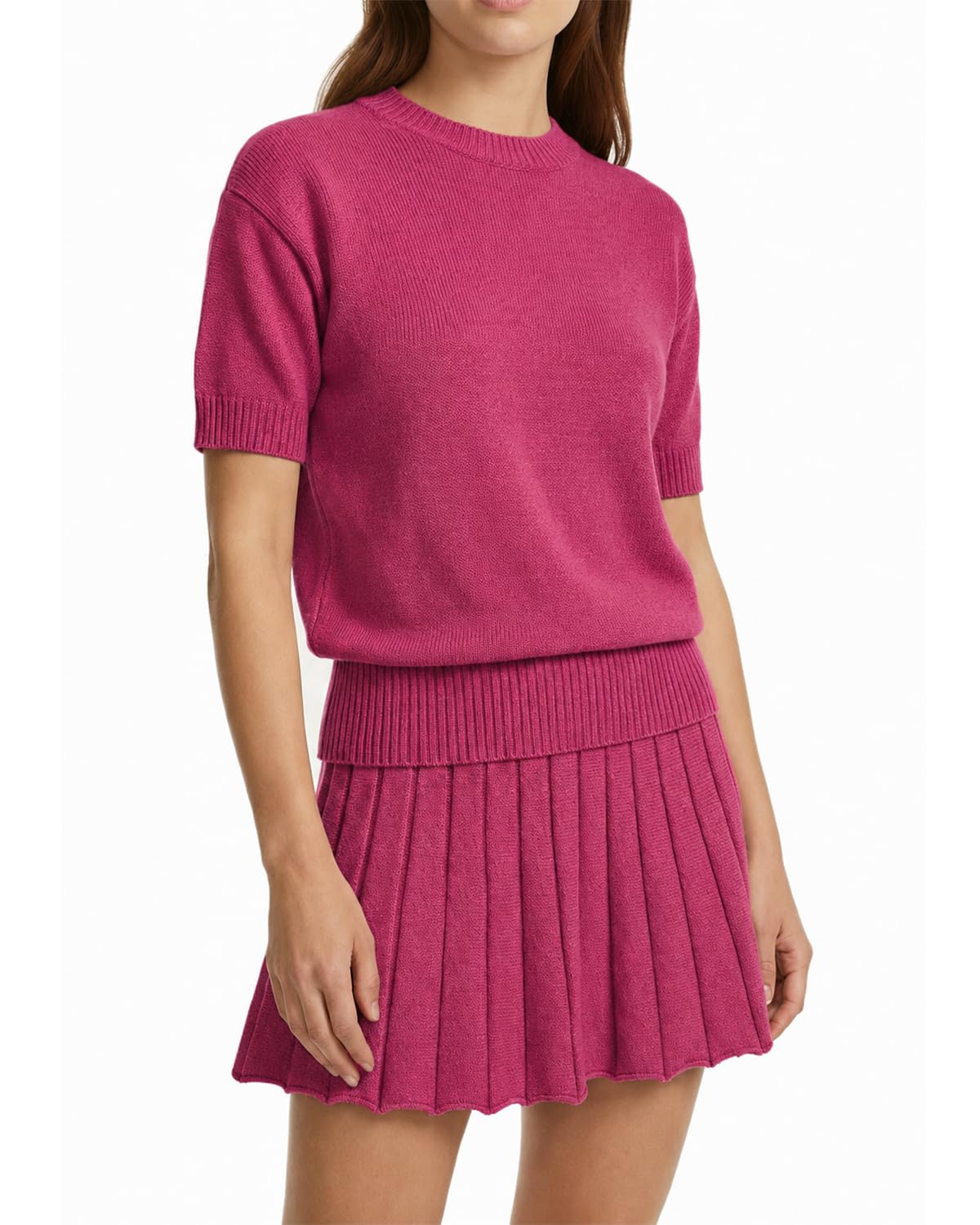 Womens 2 Piece Outfits 2026 Short Sleeve Crewneck Knit Tops And Pleated Mini Skirt Two Piece Sets