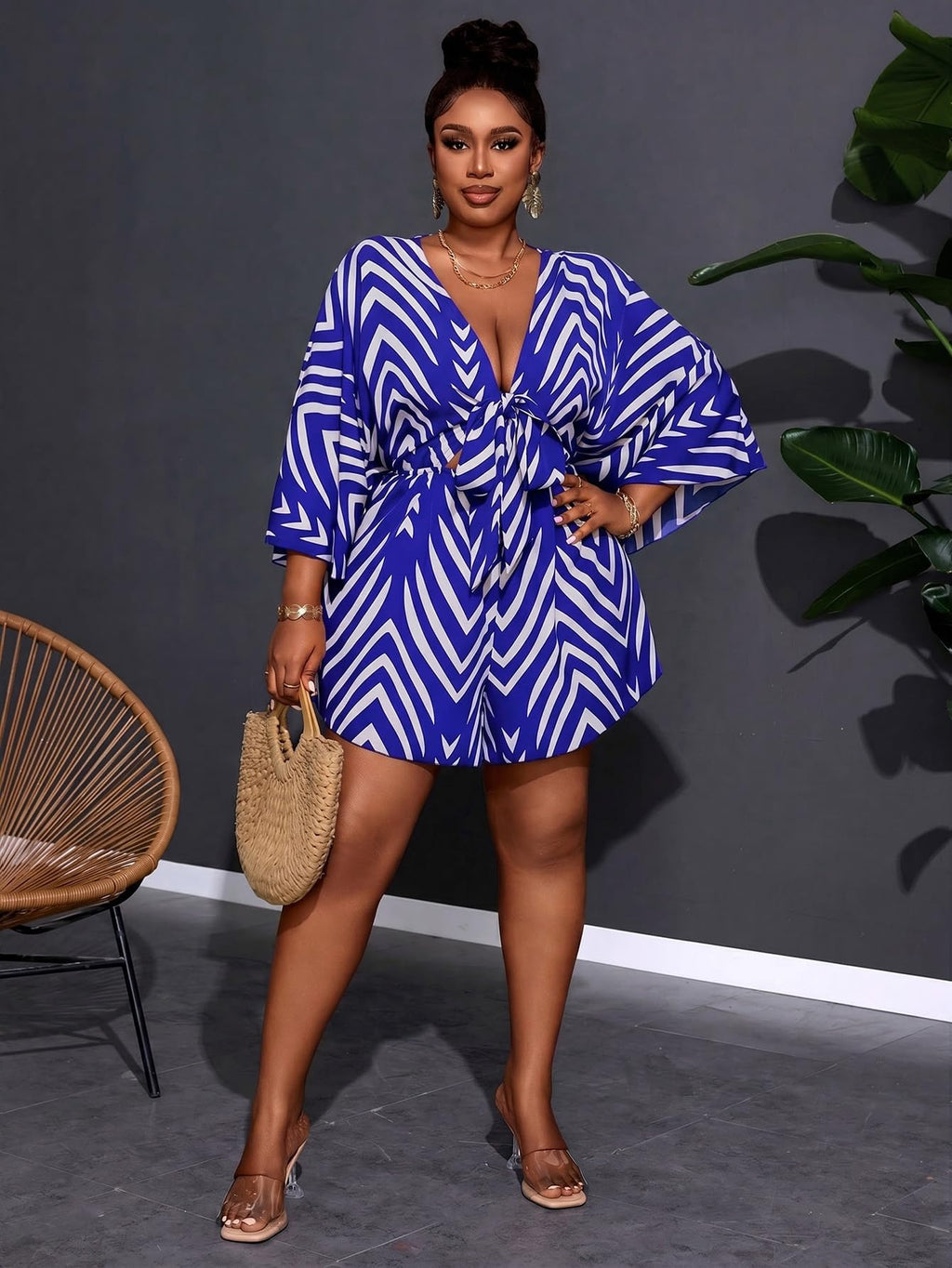 SOLY HUX Women's Plus Size Striped Tie Front Short Jumpsuit | V Neck, 3/4 Sleeve, Loose, Romper