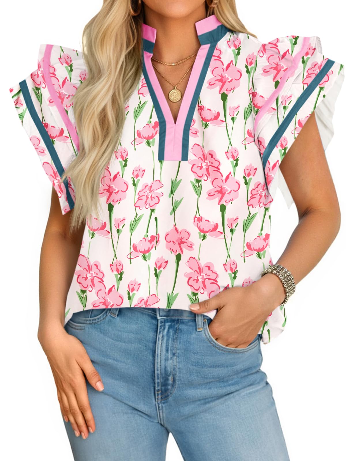 Cicy Bell Womens Ruffle Cap Sleeve Tops Summer V Neck Dressy Casual Blouses | Color Block, Boutique Tops, Pleated Shirt, Loose Fit, Wear to Work, 2026 Fall Outfits