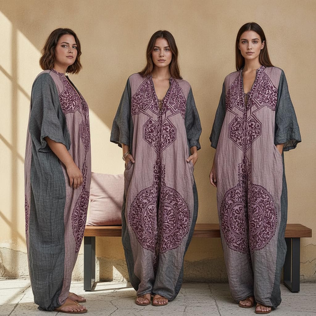Women Plus Size Boho Wide Leg Jumpsuit Vintage Ethnic Print 3/4 Sleeve V Neck Vacation Casual Jumpsuit With Pockets