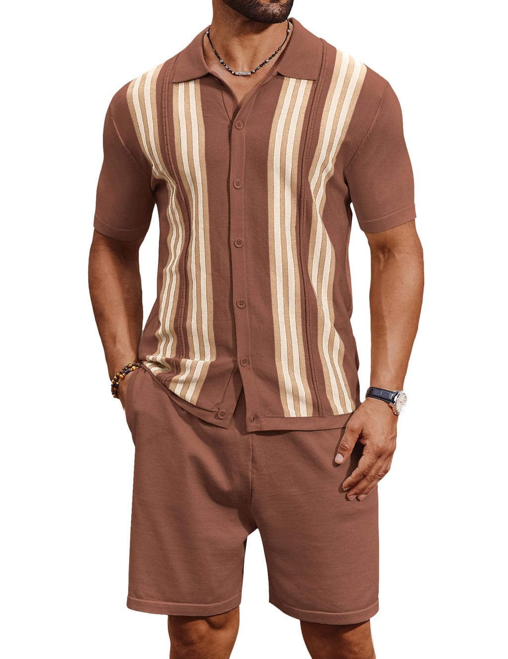 COOFANDY Men's 2 Piece Outfits Summer Short Sets Vintage Knit Button Down Shirt Short Sleeve Polo Casual Beach Suits