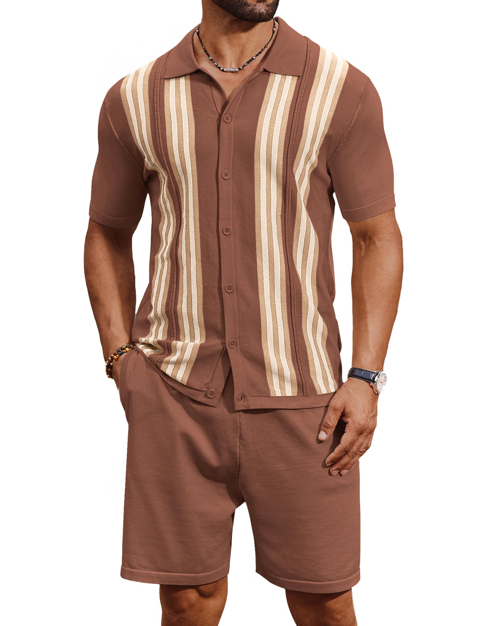COOFANDY Men's 2 Piece Outfits Summer Short Sets Vintage Knit Button Down Shirt Short Sleeve Polo Casual Beach Suits