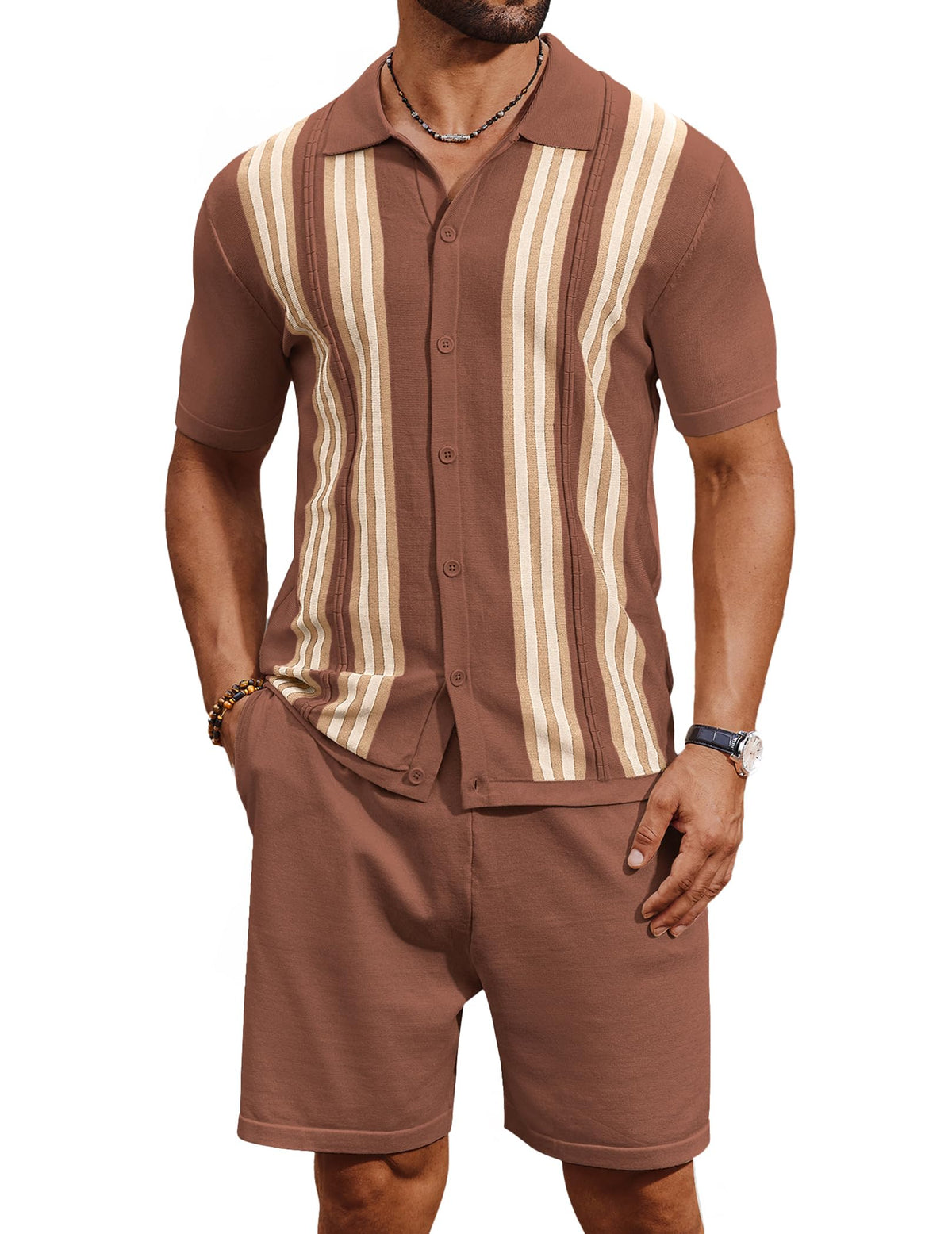 COOFANDY Men's 2 Piece Outfits Summer Short Sets Vintage Knit Button Down Shirt Short Sleeve Polo Casual Beach Suits