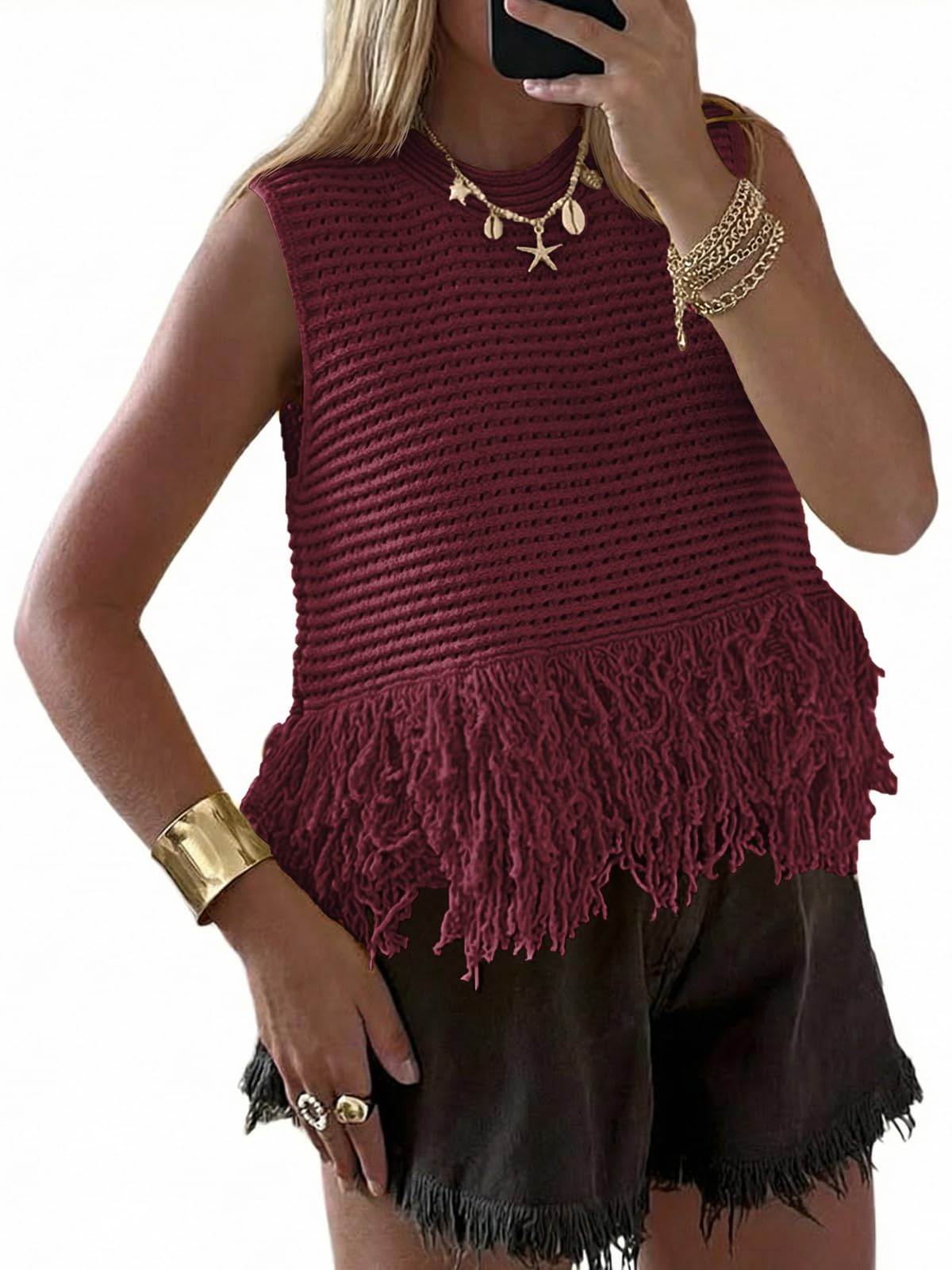 Saodimallsu Womens Crochet Crop Tank Tops Fringe Boho Summer Sweater Vest | Sleeveless,Crew Neck,Soft Knit,Summer Going Out Top,Resort Wear,Beach Vacation Outfits,Spring Fashion