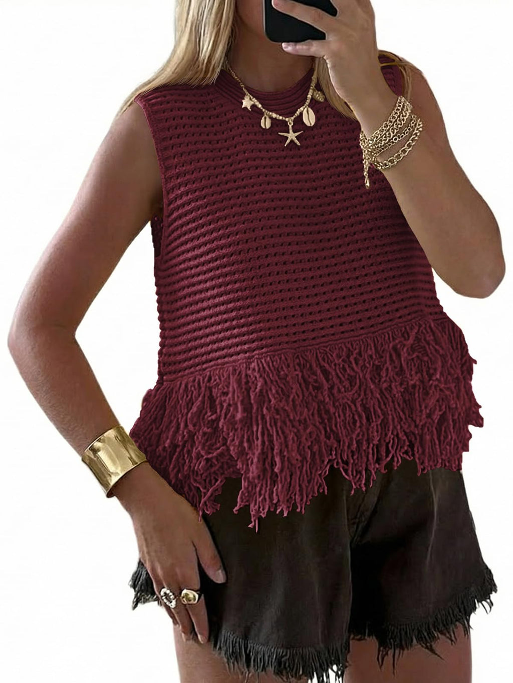 Saodimallsu Womens Crochet Crop Tank Tops Fringe Boho Summer Sweater Vest | Sleeveless,Crew Neck,Soft Knit,Summer Going Out Top,Resort Wear,Beach Vacation Outfits,Spring Fashion