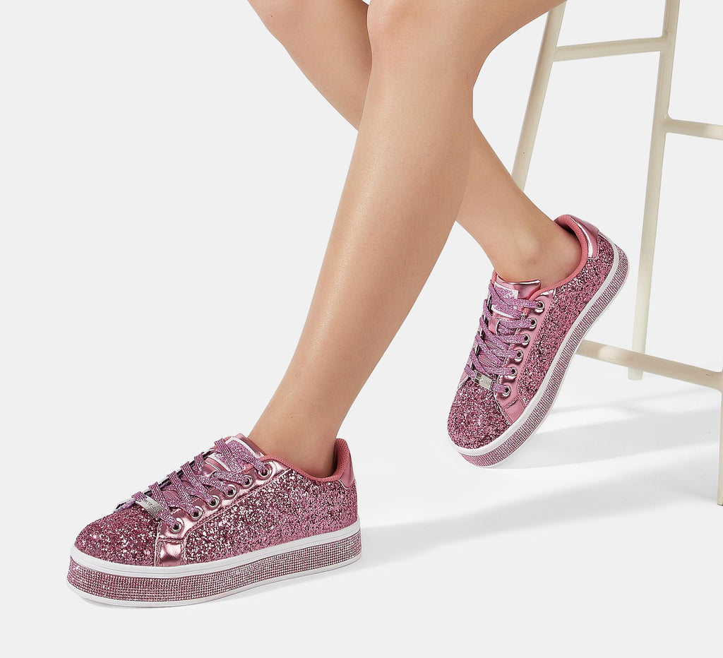 LUCKY STEP Women's Platform Sparkly Glitter Sneakers | Bling Shiny Dressy Bedazzled Wedding Bridal Fashion Walking Shoes
