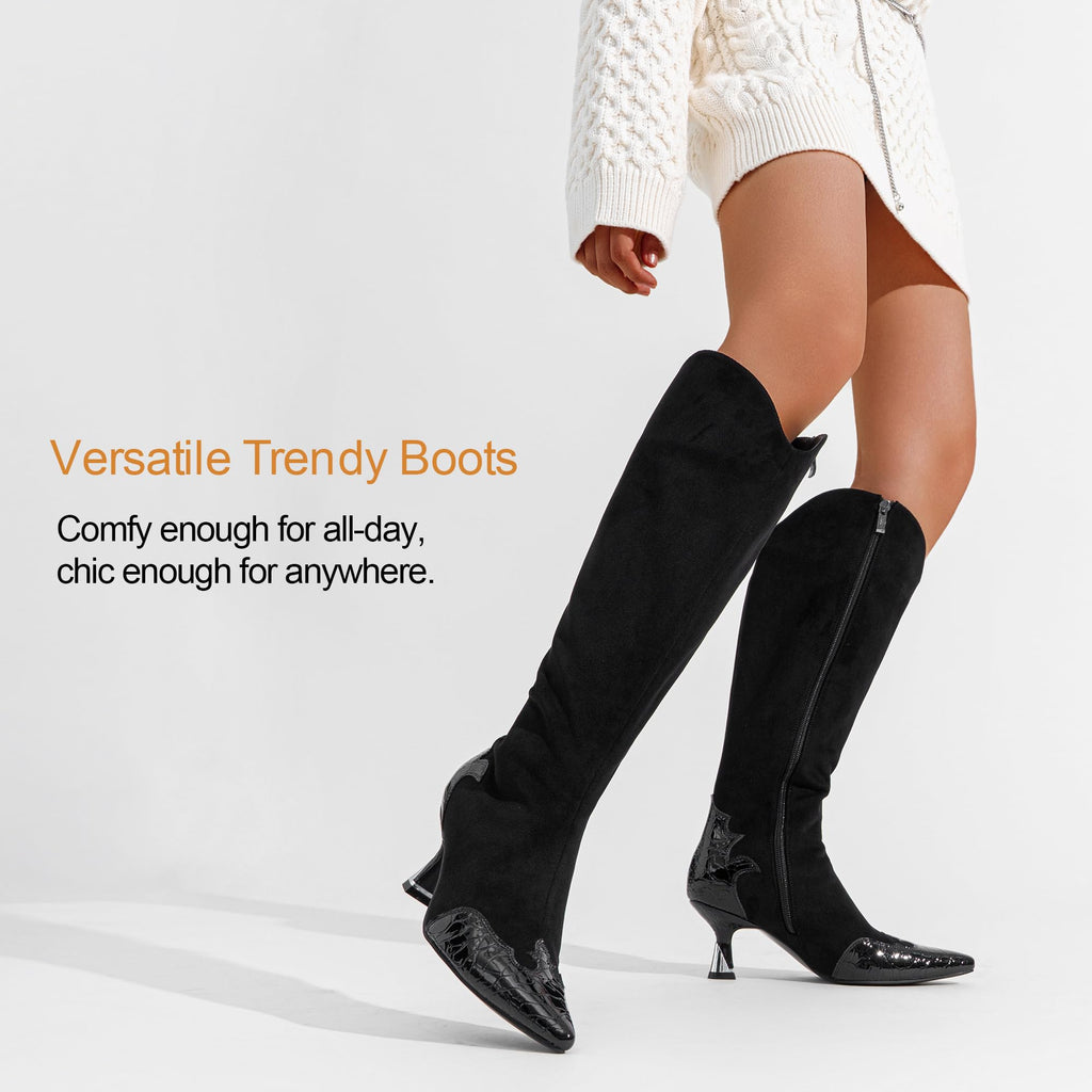 Vepose Women's Knee High Boots, Pointed Toe Kitten Heel Dress Boots | Riding tall boot style, low heel, side zipper, fashion silhouette, patchwork design, suit for jeans, skirts, nights out