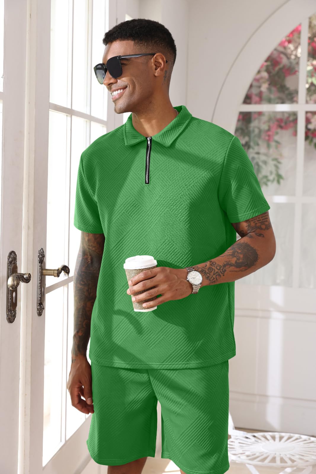Aulemen Mens 2 Piece Zip Tracksuit Short Sleeve Set Summer Outfits for Men | Polo Shirt and Shorts Sets Activewear Short Set