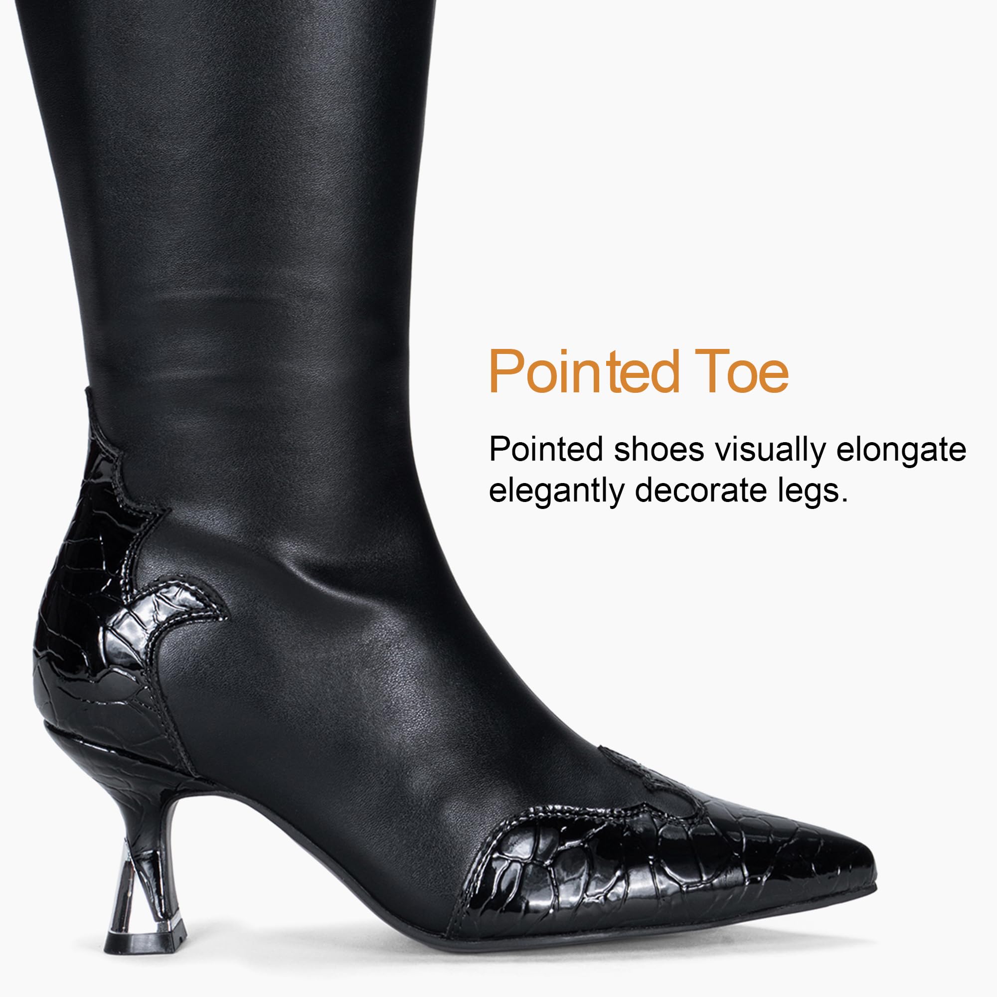 Vepose Women's Knee High Boots, Pointed Toe Kitten Heel Dress Boots | Riding tall boot style, low heel, side zipper, fashion silhouette, patchwork design, suit for jeans, skirts, nights out