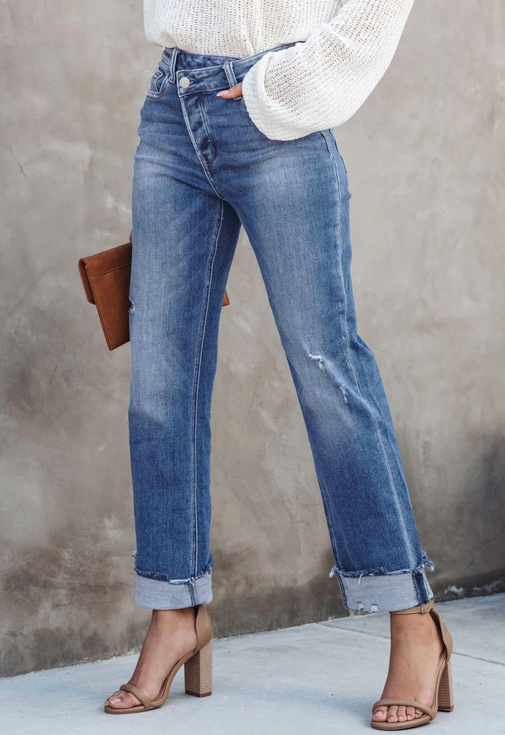 Metietila Jeans for Women Trendy High Waisted Corssover Boyfriend Jeans Distressed Stretchy Denim Pants