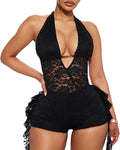 Molilove Women's Sexy Lace Jumpsuit Halter V Neck Backless Bodycon Shorts Romper Summer One Piece Outfits Going Out Clubwear