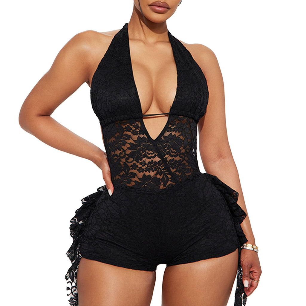 Molilove Women's Sexy Lace Jumpsuit Halter V Neck Backless Bodycon Shorts Romper Summer One Piece Outfits Going Out Clubwear