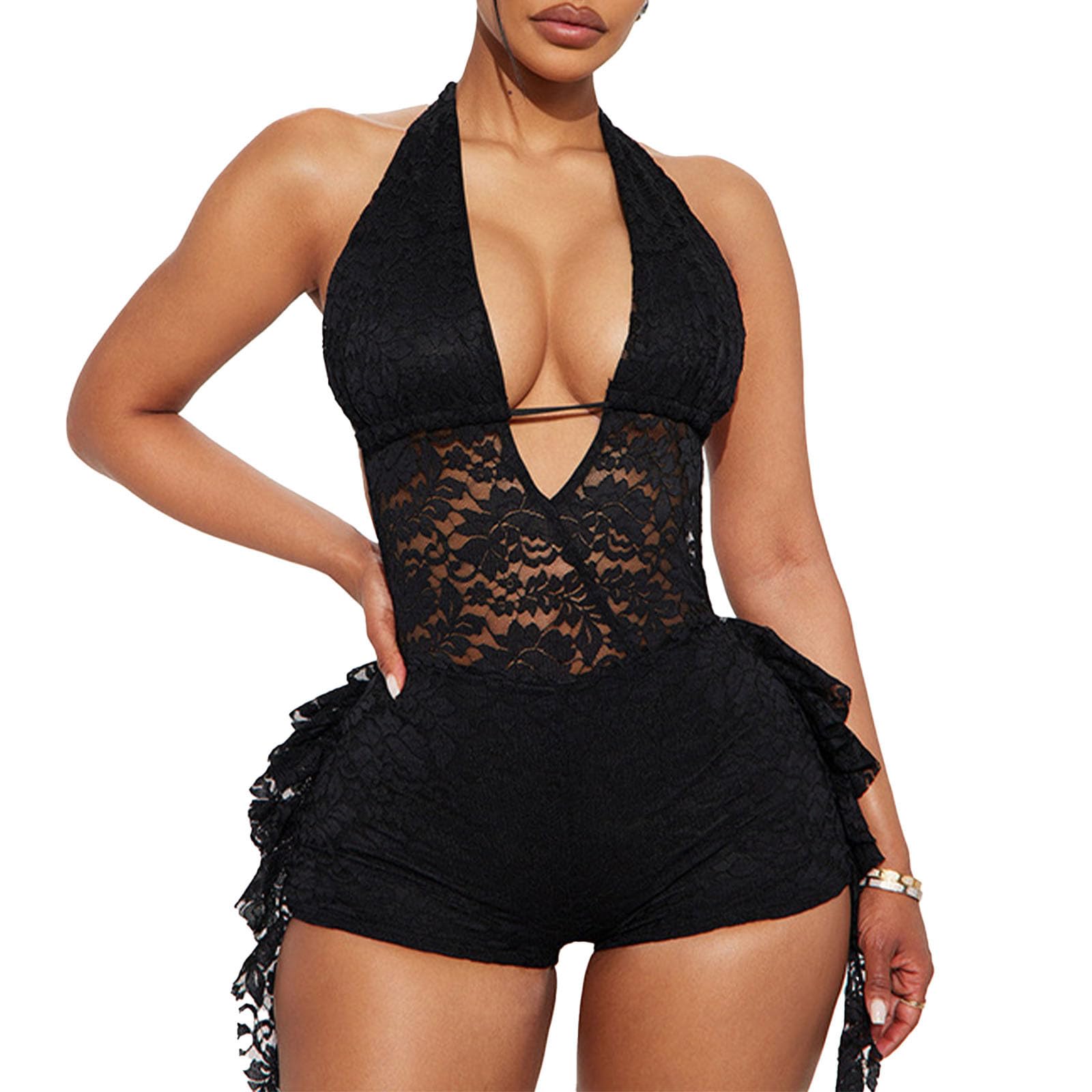 Molilove Women's Sexy Lace Jumpsuit Halter V Neck Backless Bodycon Shorts Romper Summer One Piece Outfits Going Out Clubwear