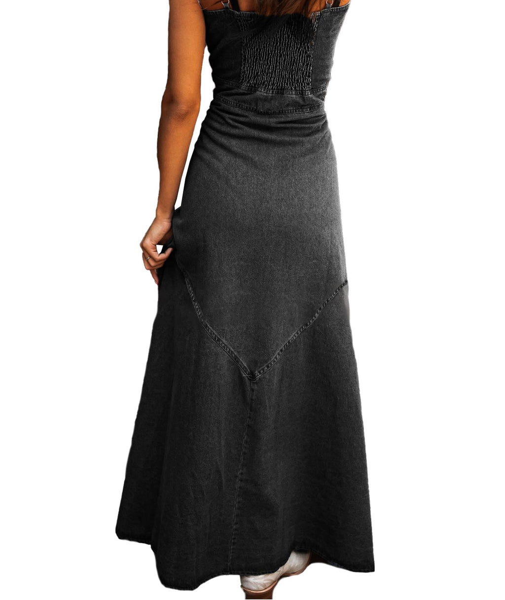 Sexyshine Women's Button Down Smocked Denim Dress Spaghetti Strap Sleeveless A-Line Flared Flowy Maxi Jean Dress