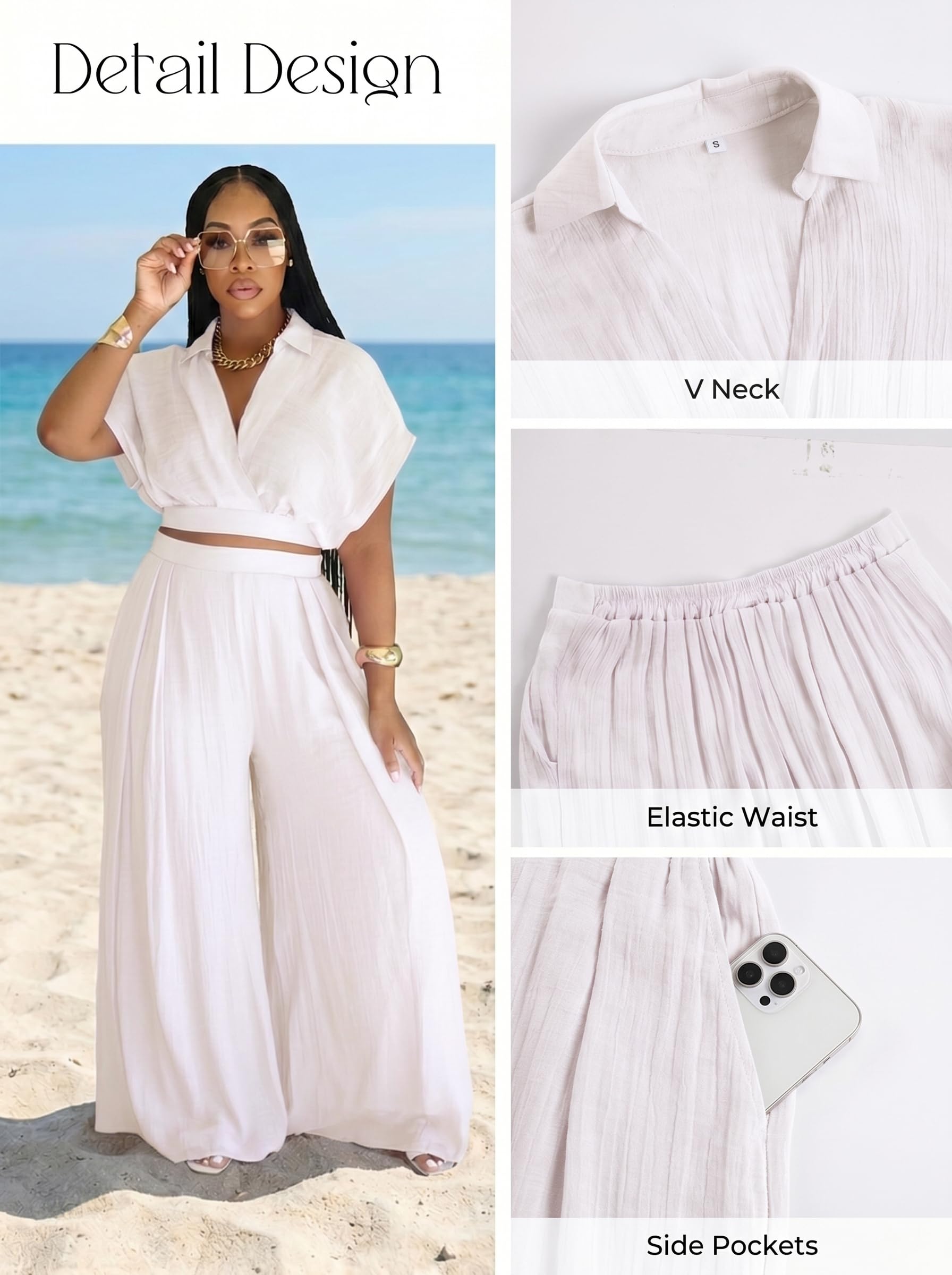 Ekaliy Women Two Piece Crop Top Flowy Wide Leg Pants Set Summer Outfits | Lightweight breathable fabric,batwing V-neck crop top,elastic waist wide leg lined pants with pockets for casual wear.