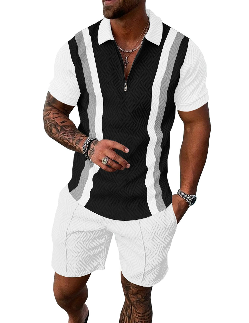 Mens Summer Track Suits 2 Piece Shorts Sets Short Sleeve Sweatsuit Outfits 1/4 Zip Golf Polo Splicing Striped Shirts