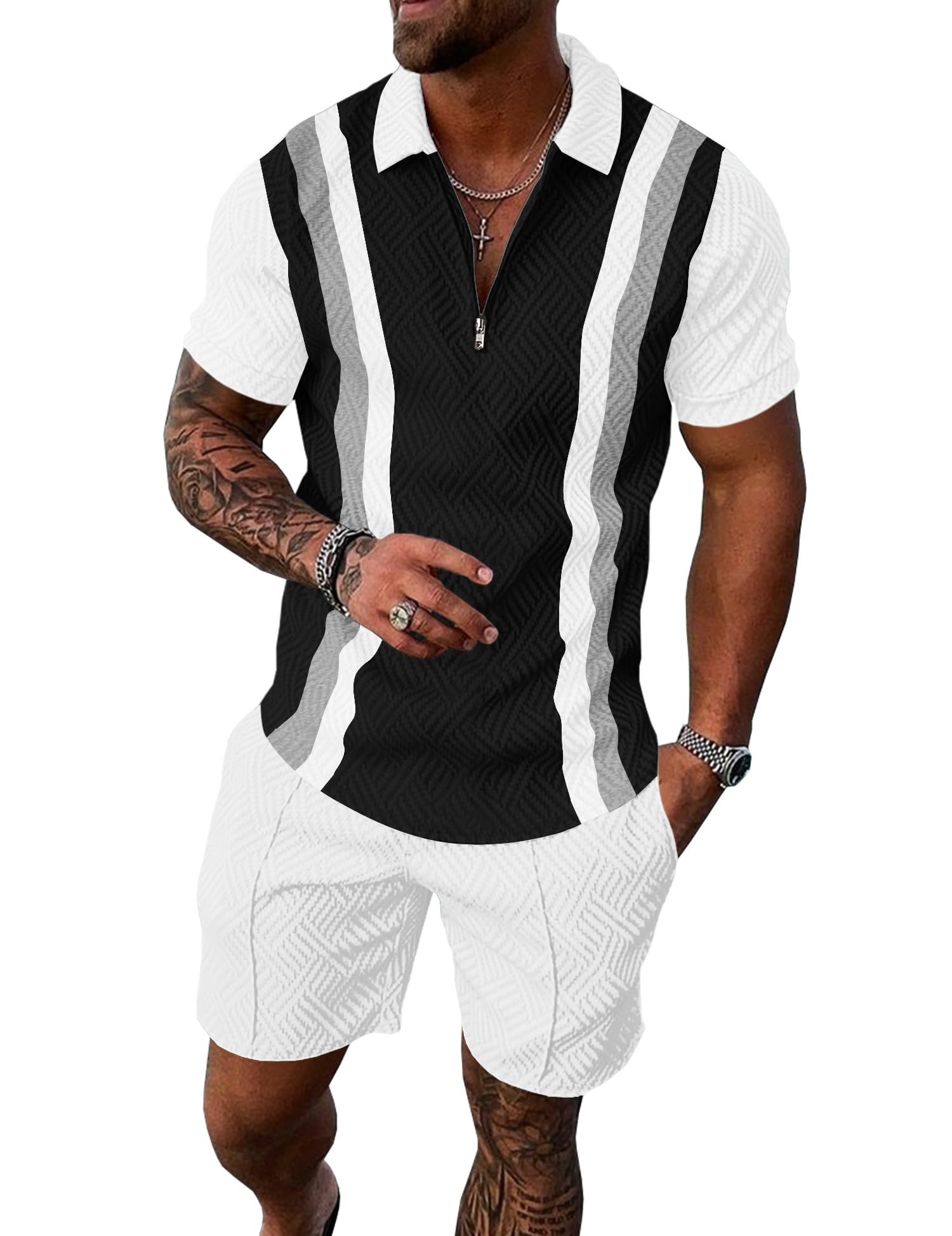 Mens Summer Track Suits 2 Piece Shorts Sets Short Sleeve Sweatsuit Outfits 1/4 Zip Golf Polo Splicing Striped Shirts