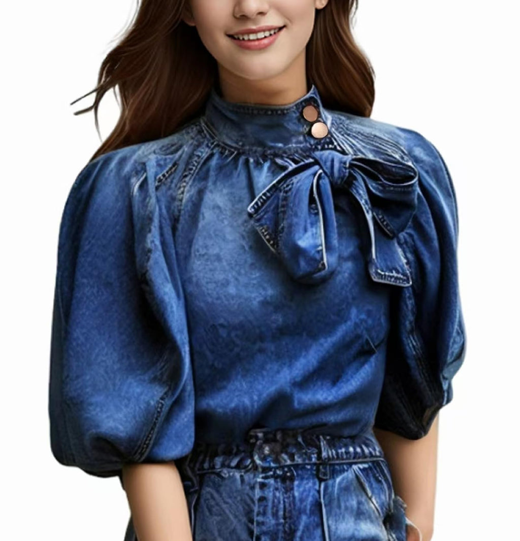 Women's Bow Design Denim Pullover Top Button Up High Neck Fashionable Jacket with Elastic and Puff Sleeves