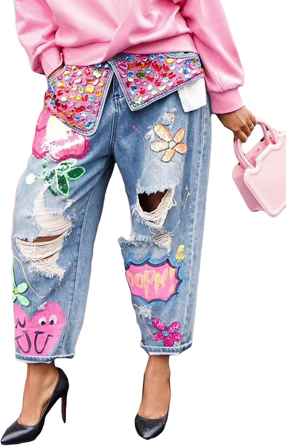 Women's Barrel Jeans Wide Leg High Waist Rhinestone Floral Horseshoe Ripped Baggy Cropped Jeans Denim Pants