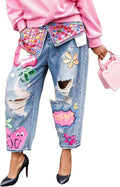 Women's Barrel Jeans Wide Leg High Waist Rhinestone Floral Horseshoe Ripped Baggy Cropped Jeans Denim Pants