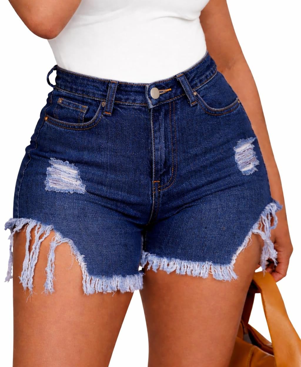 Women's Denim Shorts High Waisted Frayed Raw Hem Ripped Short Jeans | Fringe,Summer,Stretchy,with Pockets