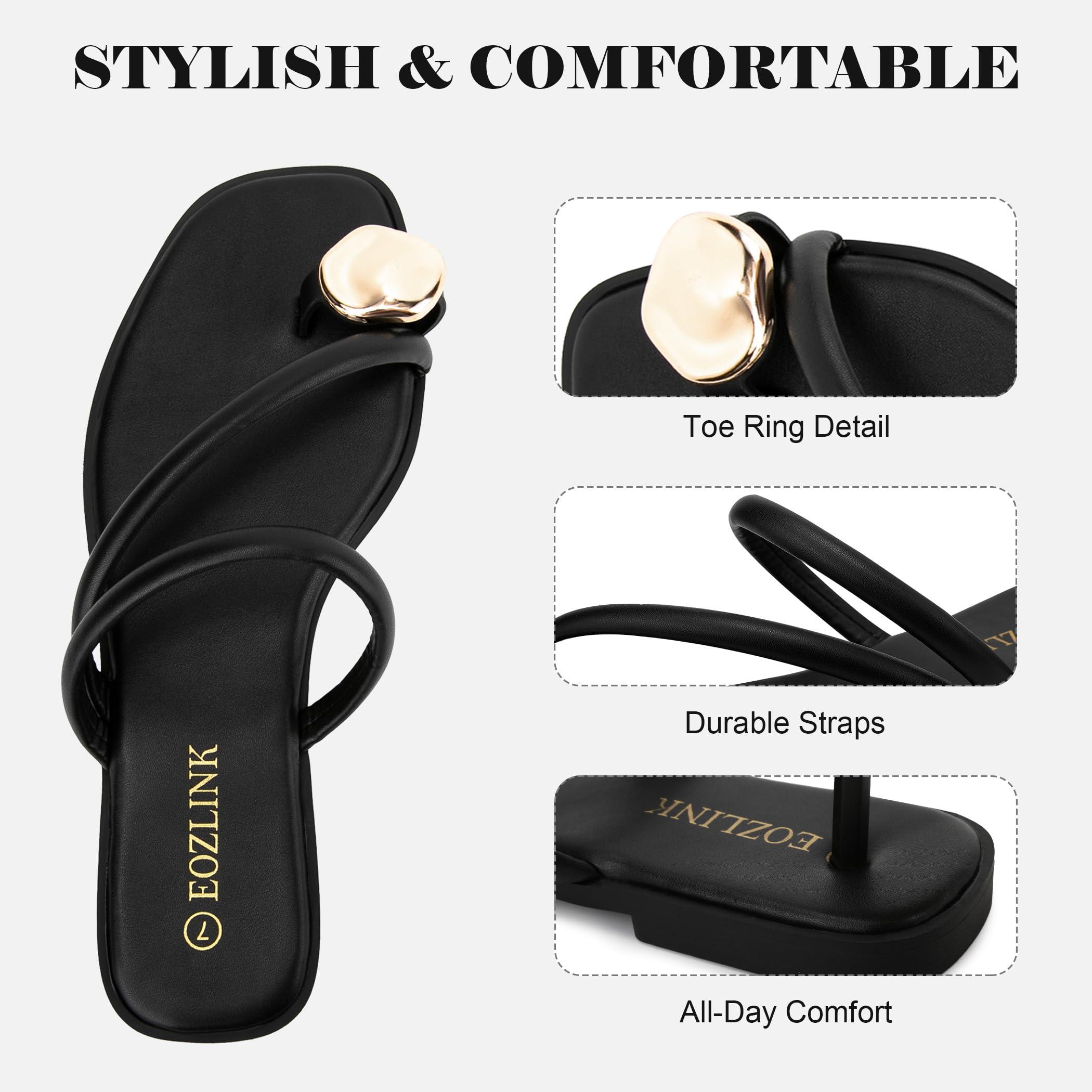 Eozlink Women's Toe Ring Flat Sandals, Slip On Dressy Summer Slides | PU Upper with Square Toe and Metal Accent for Resort and Casual Outfits