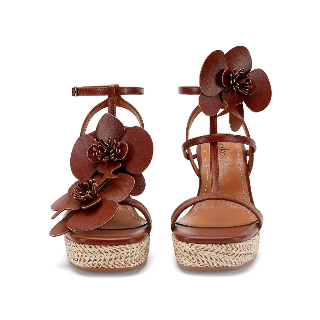 LACIKOS Flowers Wedge Sandals For Women Strappy Raffia Platform Heels | Comfortable Open Toe Espadrilles Casual Ankle Wrap Beach Vacation Wedding