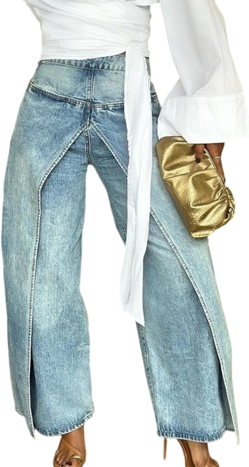 DINGANG Women's Asymmetrical Wide Leg Jeans High Waisted Denim Pants | Trendy Baggy Jeans,Loose fit,Wrap front,Patchwork Split Hem,Y2K Streetwear,Unique Jeans with Pockets
