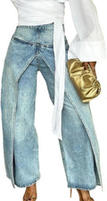 DINGANG Women's Asymmetrical Wide Leg Jeans High Waisted Denim Pants | Trendy Baggy Jeans,Loose fit,Wrap front,Patchwork Split Hem,Y2K Streetwear,Unique Jeans with Pockets