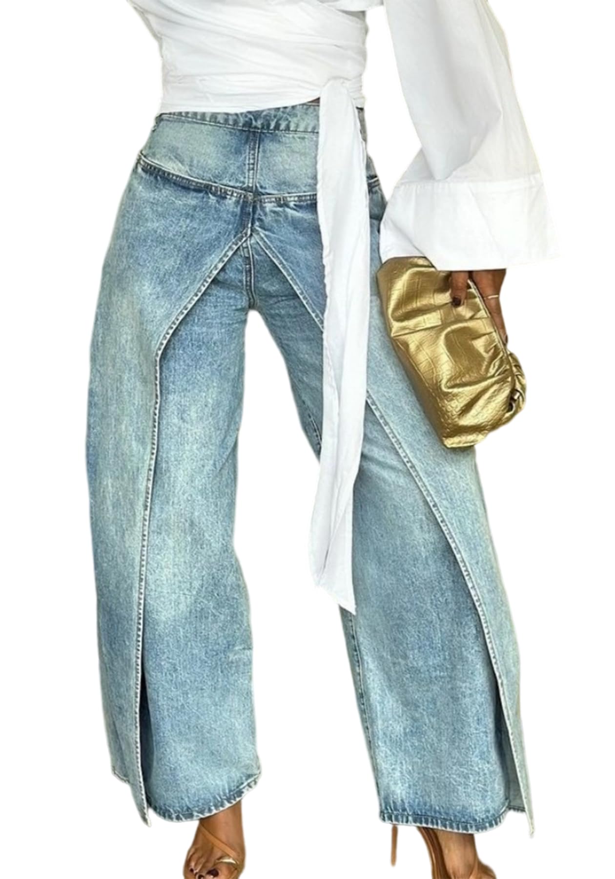 DINGANG Women's Asymmetrical Wide Leg Jeans High Waisted Denim Pants | Trendy Baggy Jeans,Loose fit,Wrap front,Patchwork Split Hem,Y2K Streetwear,Unique Jeans with Pockets