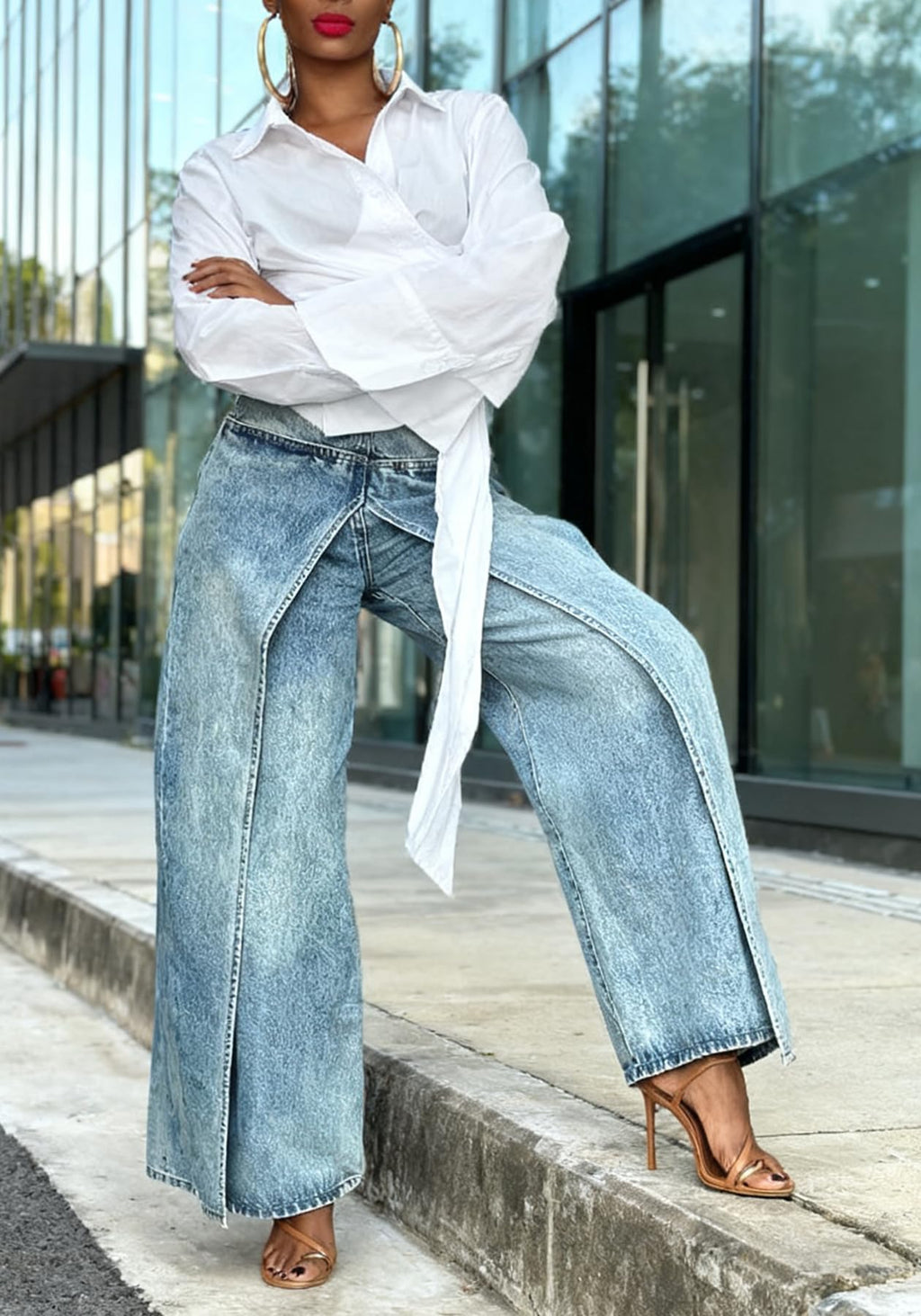 DINGANG Women's Asymmetrical Wide Leg Jeans High Waisted Denim Pants | Trendy Baggy Jeans,Loose fit,Wrap front,Patchwork Split Hem,Y2K Streetwear,Unique Jeans with Pockets
