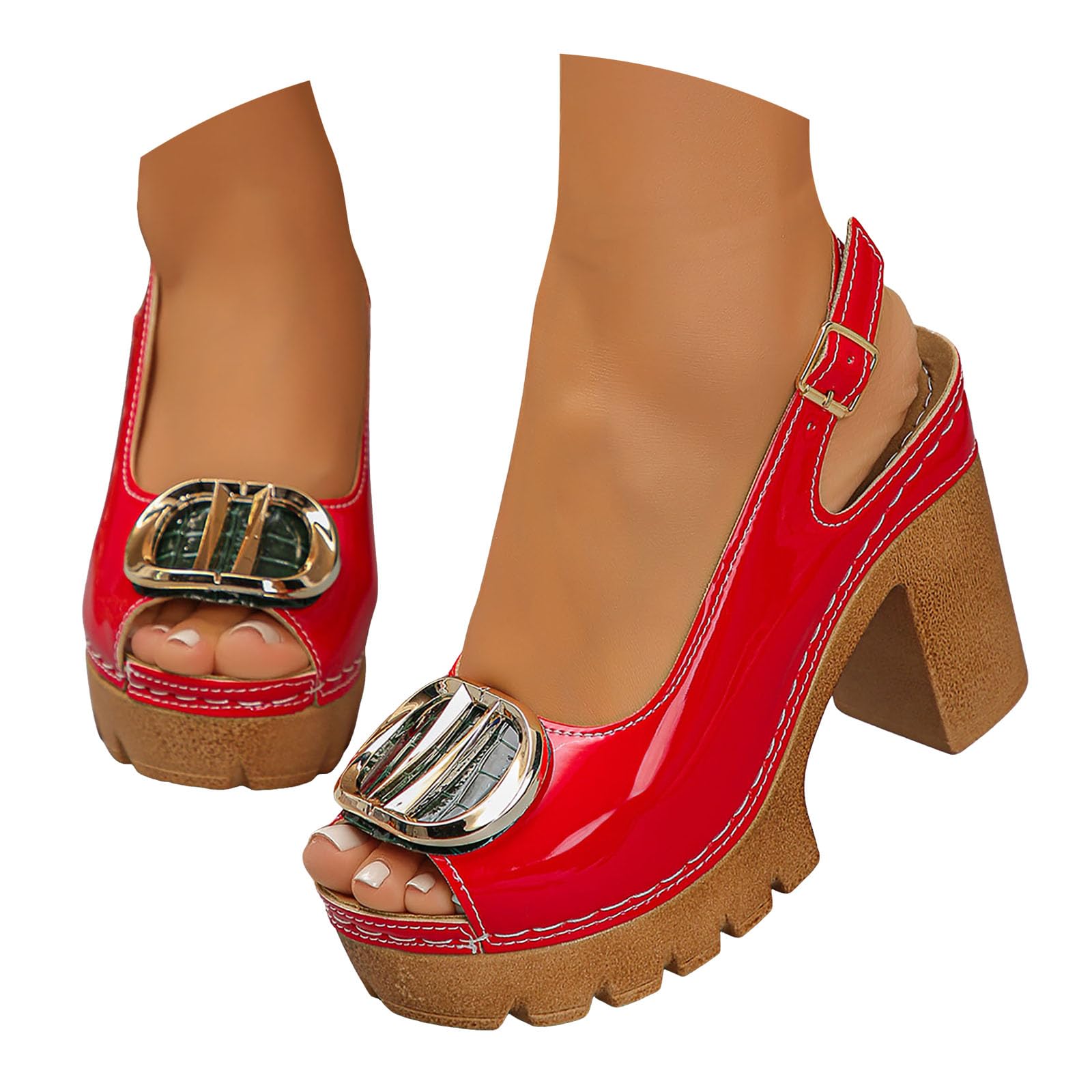 Women's Peep Toe Sandals Chunky Platform Heeled Pumps Slingback Heels Summer Dress Shoes Bridal Party Wedding Block High Heels Buckle Ankle Strap Sandals Dressy Comfortable Footwear