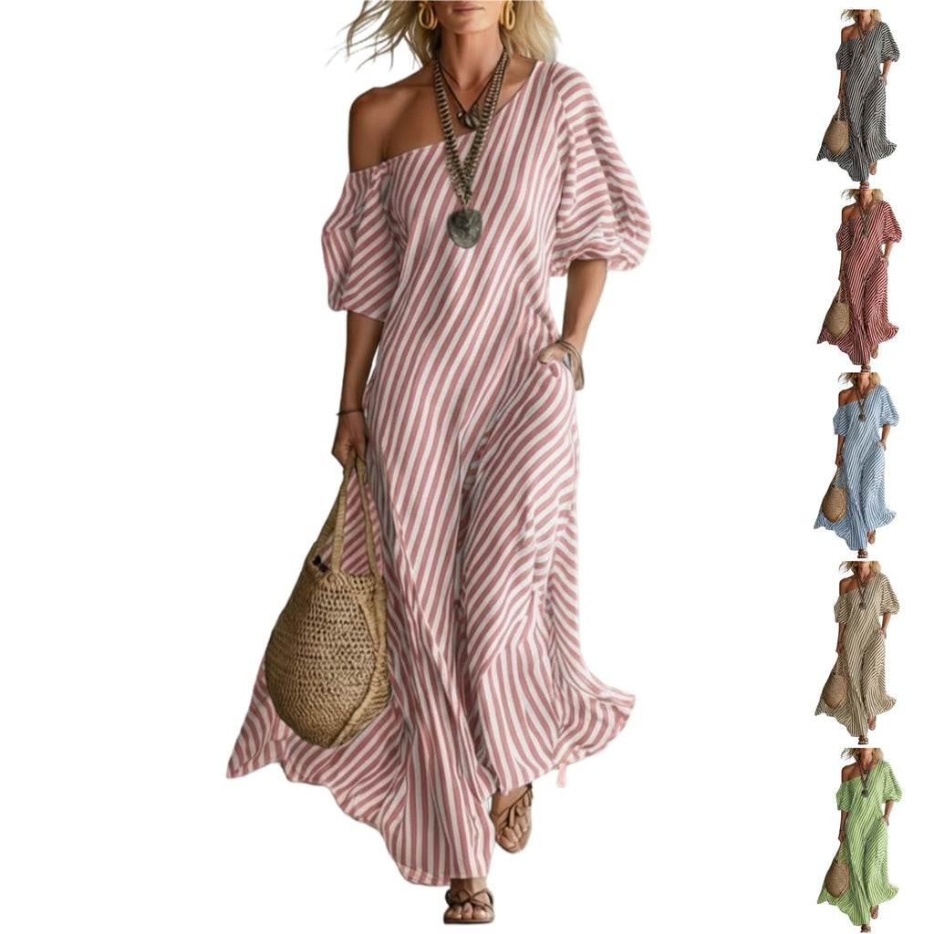 Women's Elegant and Classic Striped Off-Shoulder Maxi Dress,Summer Flutter Short Sleeve One Shoulder Loose Flowy Long Dress