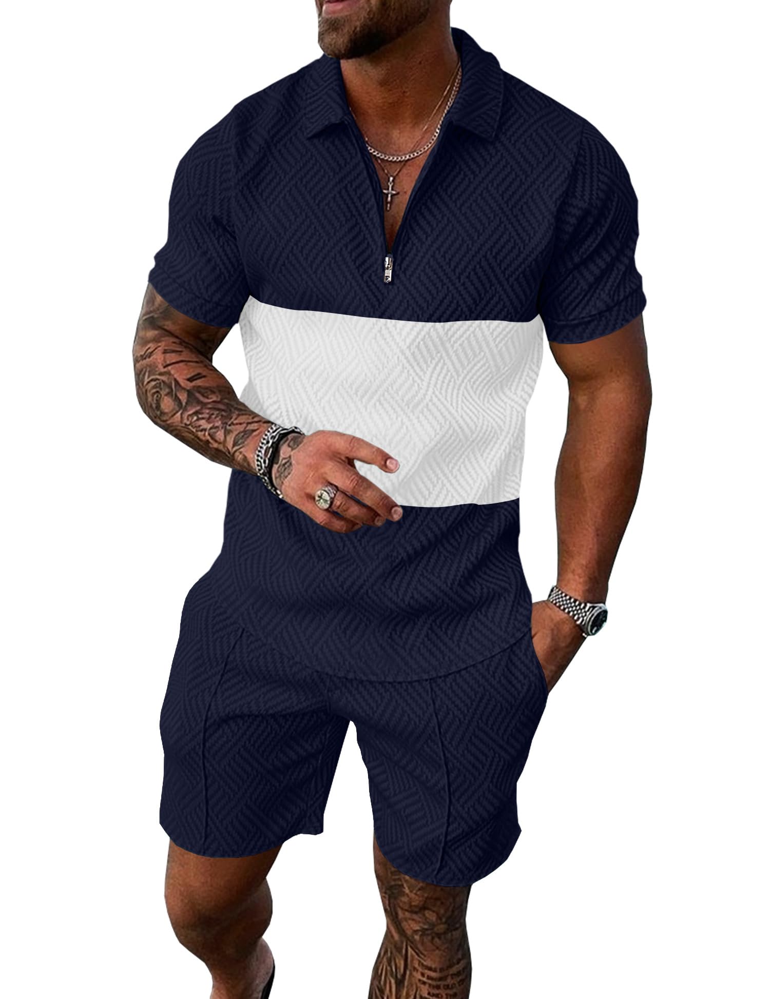 Mens Summer Track Suits 2 Piece Shorts Sets Short Sleeve Sweatsuit Outfits 1/4 Zip Golf Polo Splicing Striped Shirts