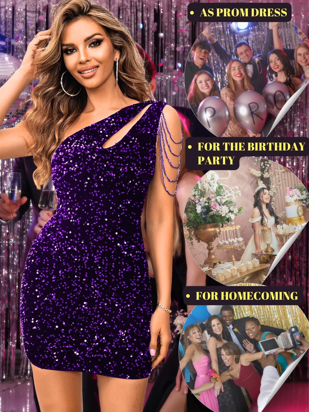 Kaei&Shi Sequin Velvet Prom Dress,Cut Out One Shoulder Short Formal Dresses,Sparkly Outfits Women HOCO Birthday Cocktail