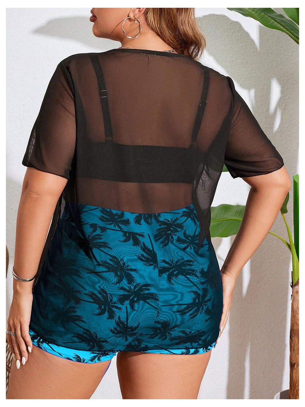 Women's 3 Piece Plus Size Swimsuit Tankini Shorts Set High Waisted Bathing Suit Graphic Beachwear with Mesh Cover Up